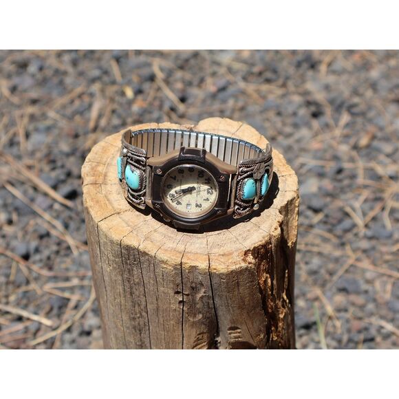 Vintage Native American Turquoise‎ Stone Flexible Watch Handmade Jewelry**